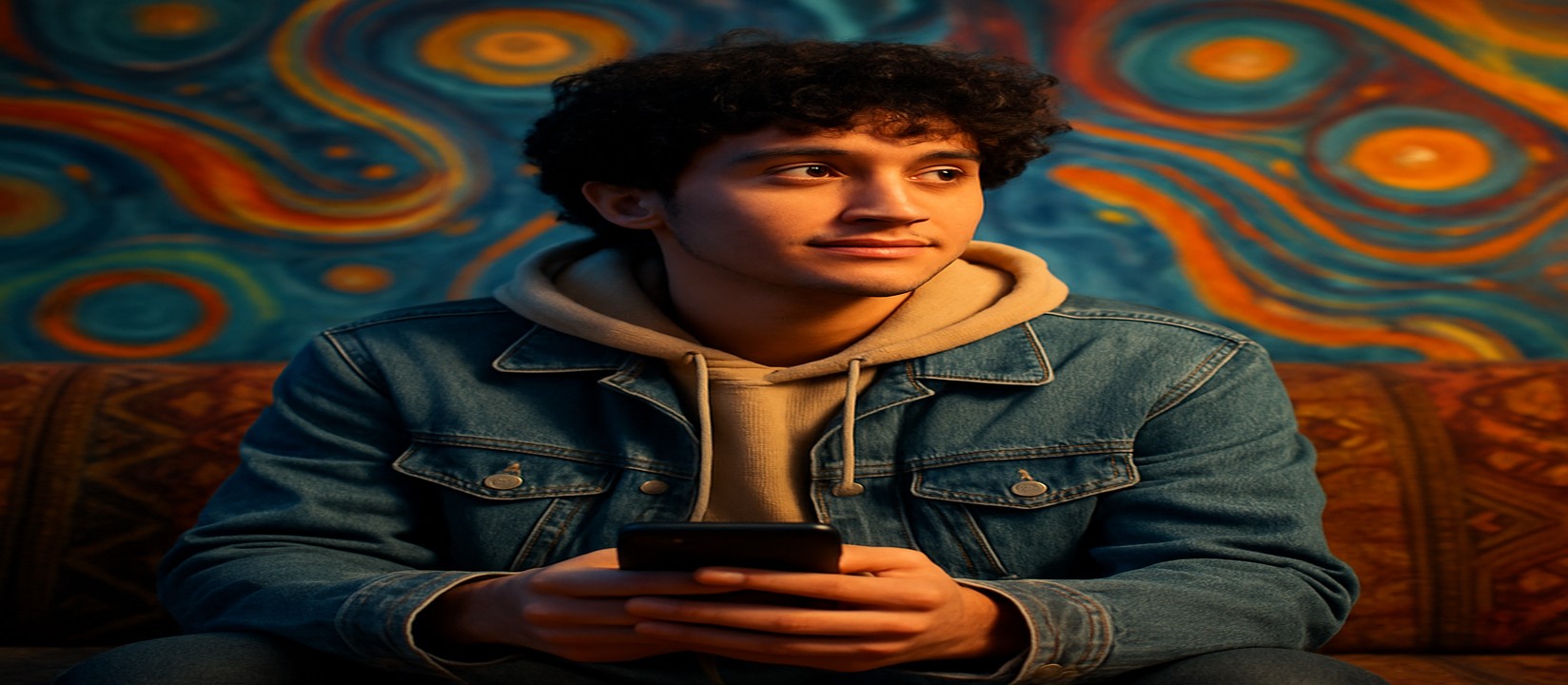 সোফায় আরাম করে বসে একজন ব্যক্তি স্মার্টফোনে k999 অ্যাপটি চালাচ্ছেন