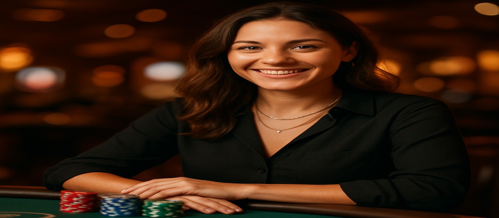 k999 গেমিং প্ল্যাটফর্মে একটি কার্ড টেবিলে সামনে চিপ ও কার্ডসহ একজন হাসিখুশি মেয়ে ডিলার বিস্তৃত খেলার সমাহার উপস্থাপন করেন