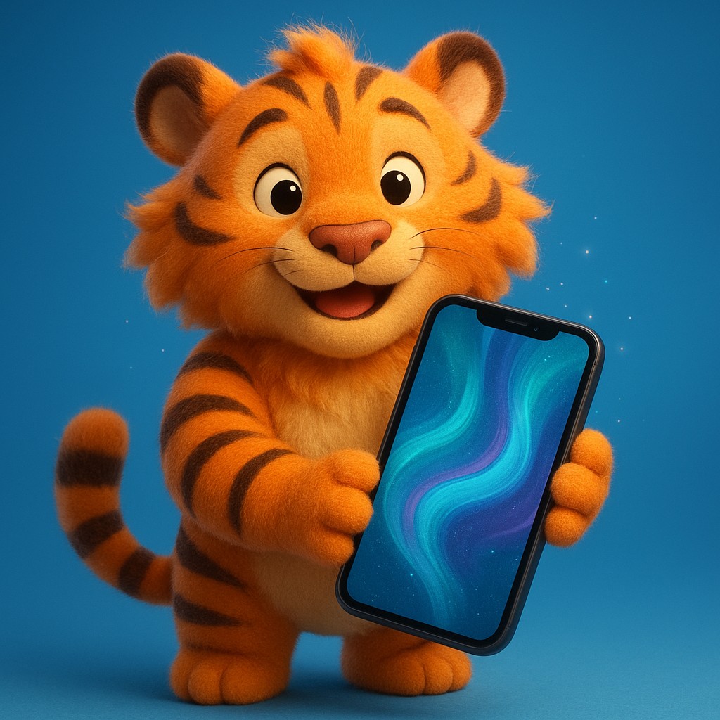 স্মার্টফোনে k999 অ্যাপটি ব্যবহার করছে এমন একটি কার্টুন বাঘশাবকের ছবি