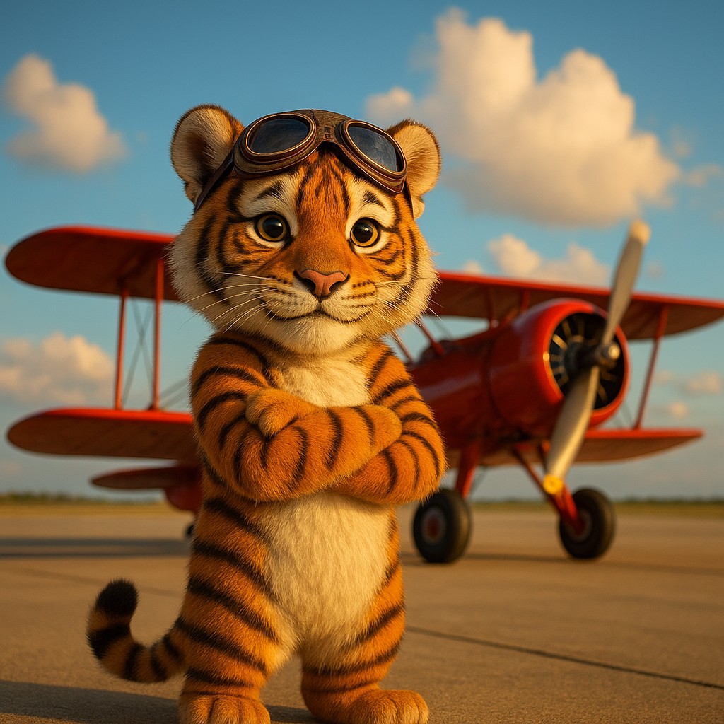 এভিয়েটর গেমের প্রতীক হিসেবে লাল বিমানের পাশে দাঁড়িয়ে থাকা টাইগার পাইলট