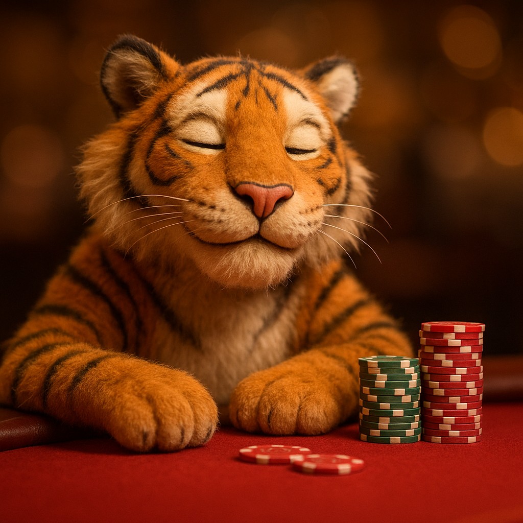 k999 গেমিং প্ল্যাটফর্মে খেলার টেবিলে চিপস নিয়ে বসা হাসিখুশি টাইগার শাবক