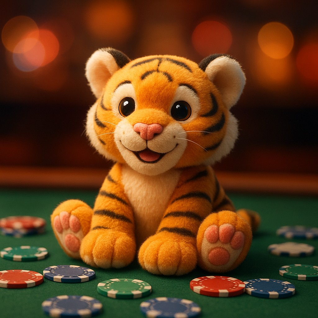 k999 এর সাথে একটি ছোট বাঘের বাচ্চা একটি টেবিলের ওপর চিপসহ বসে আছে