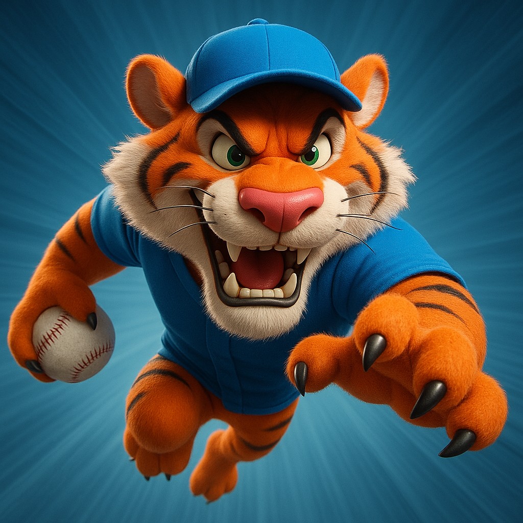 k999 ক্রিকেট গেমিংয়ের প্রতীক হিসেবে ইউনিফর্ম পরা একটি আনন্দিত টাইগার শাবক, হাতে বল ধারণ করছে
