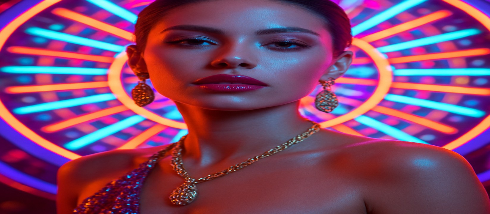 একটি রঙিন গেমিং প্ল্যাটফর্মের সামনে উজ্জ্বল পোশাকে থাকা একজন নারী