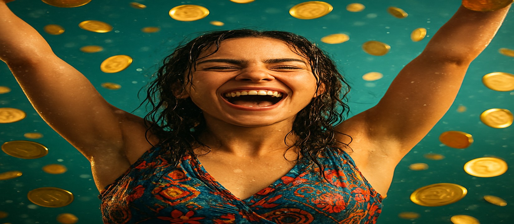 মুদ্রার ঝরনার মাঝে রঙিন পোশাকে এক নারী