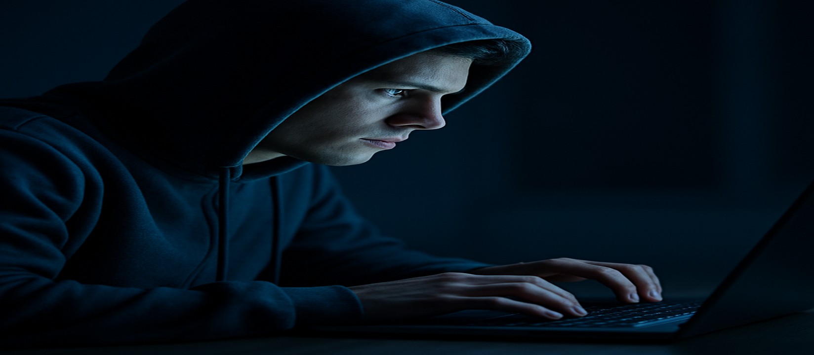 অন্ধকার একটি কক্ষে ল্যাপটপে মনোযোগ ধরে রেখে k999 ওয়েবসাইটে অনলাইন গেম খেলার একজন ব্যক্তি